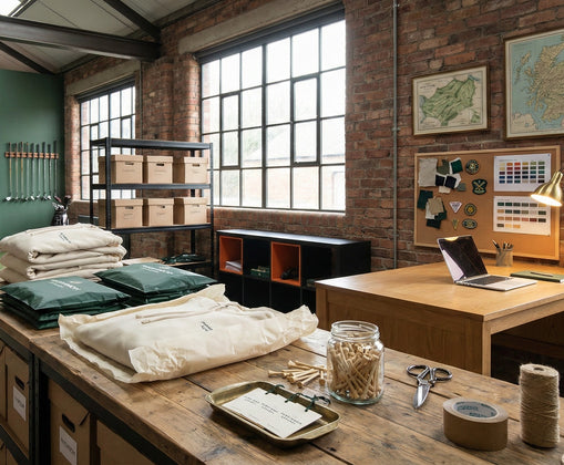 Workshop / office space with wooden tables, shelves, and a brick wall.