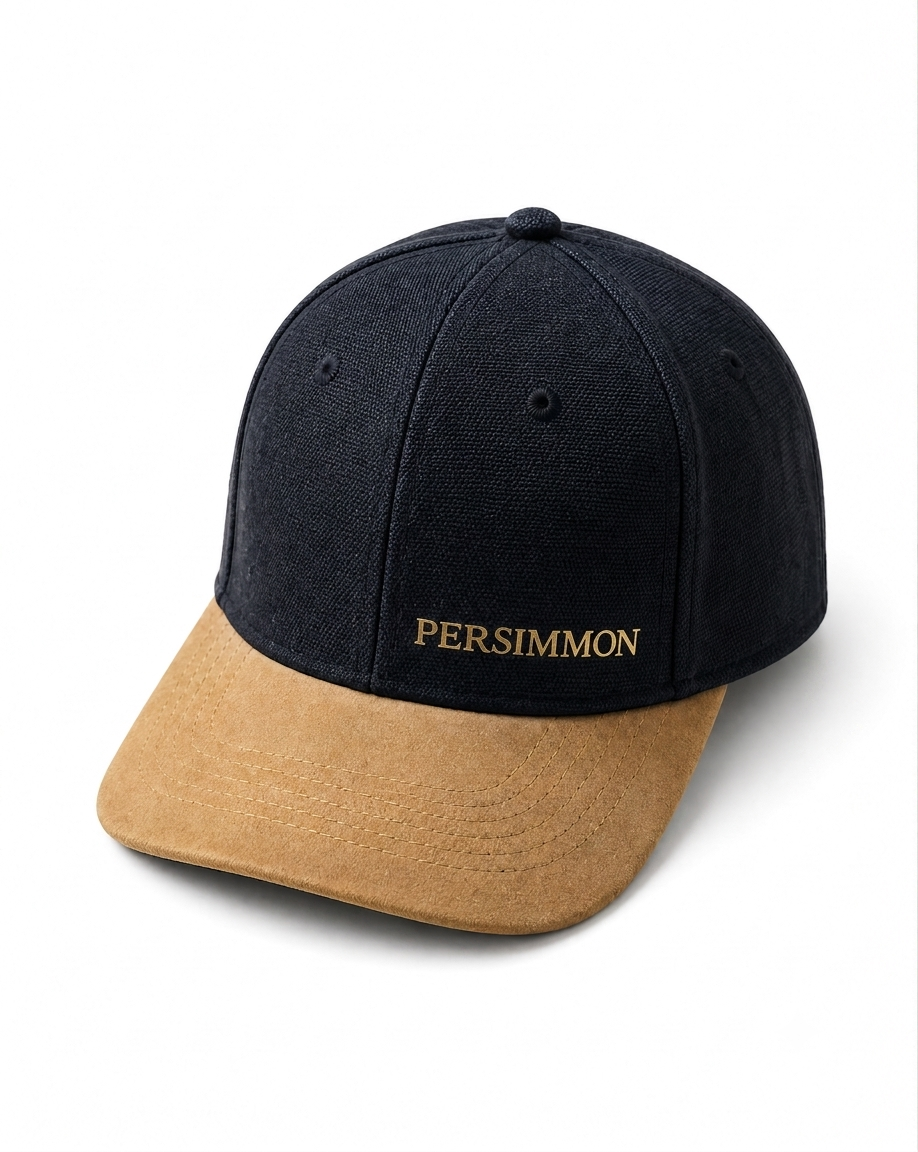 Black and brown cap with 'Persimmon' logo on a white background.