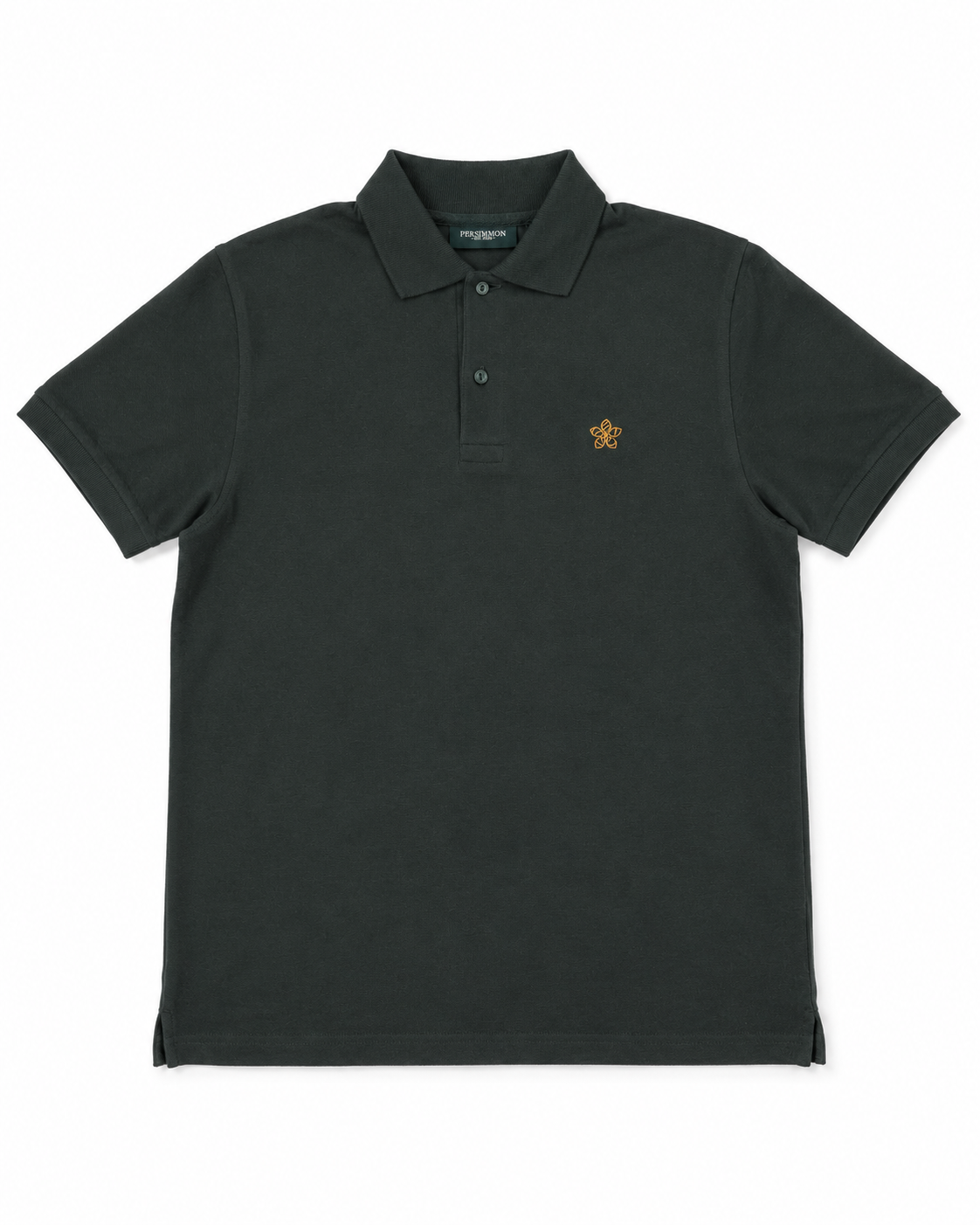 Dark green polo shirt with a small Persimmon logo on a white background