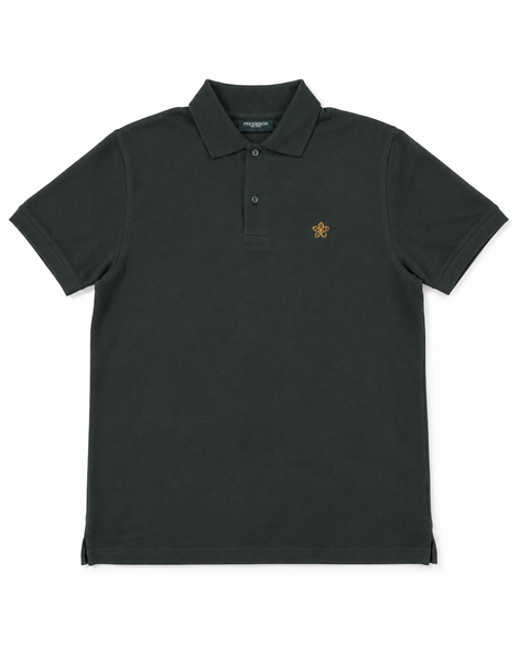 Dark green polo shirt with a small Persimmon logo on a white background
