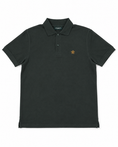 Dark green polo shirt with a small Persimmon logo on a white background