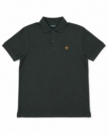 Dark green polo shirt with a small Persimmon logo on a white background
