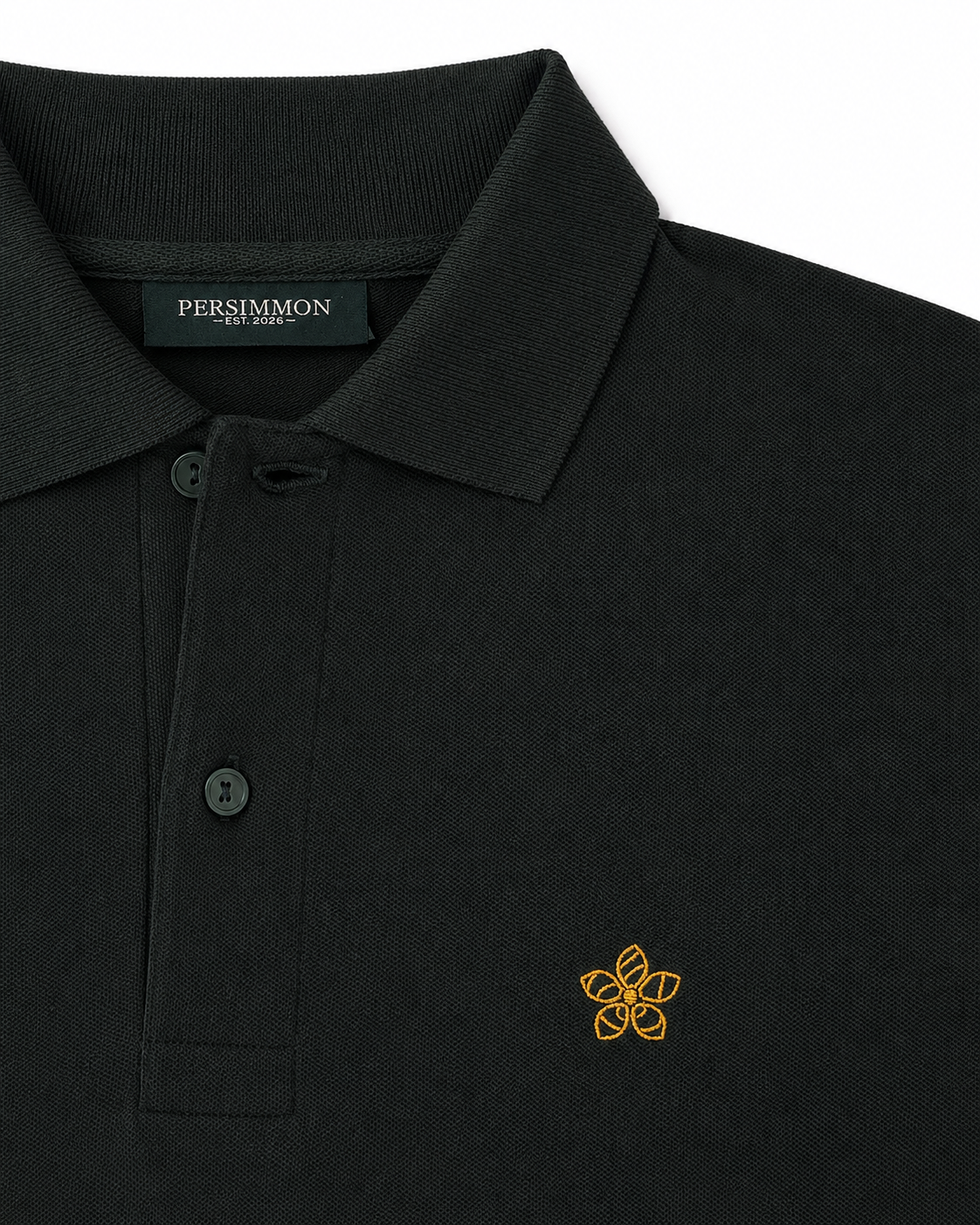 Dark green polo shirt with a gold Persimmon logo and 'Persimmon' branding on a white background