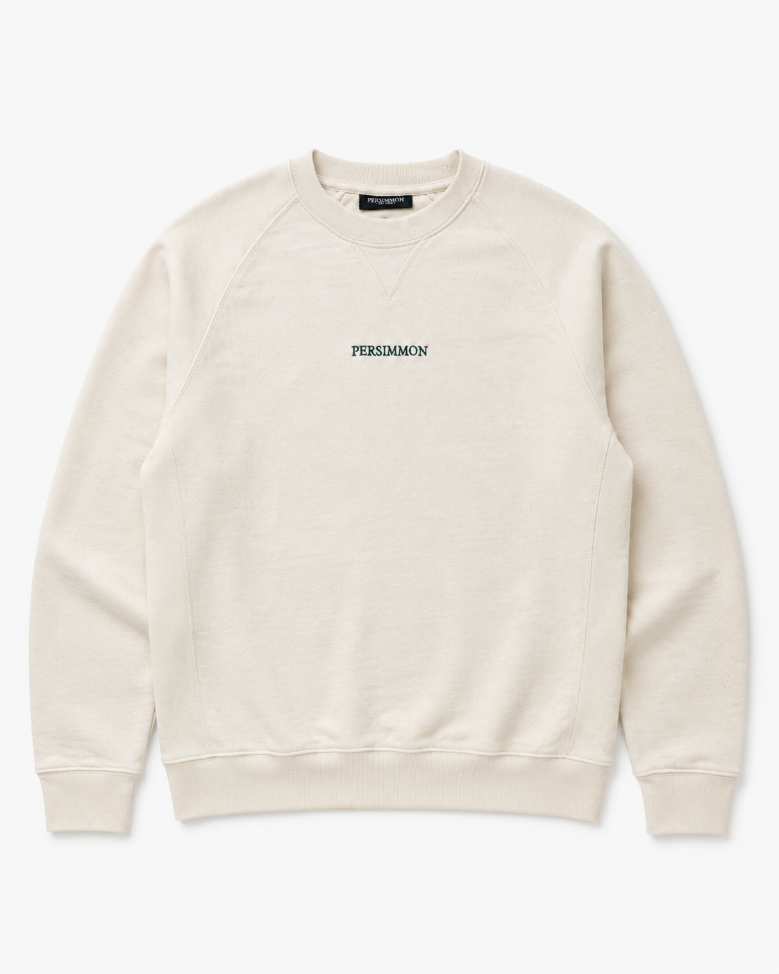 Cream sweatshirt with 'Persimmon' branding on a white background