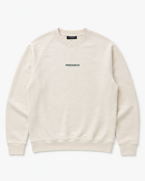 Cream sweatshirt with 'Persimmon' branding on a white background