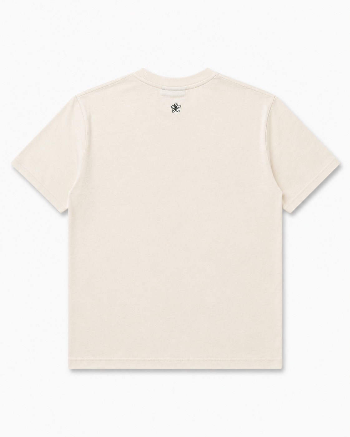 Cream t-shirt with a small Perismmon logo on the back neckline against a white background