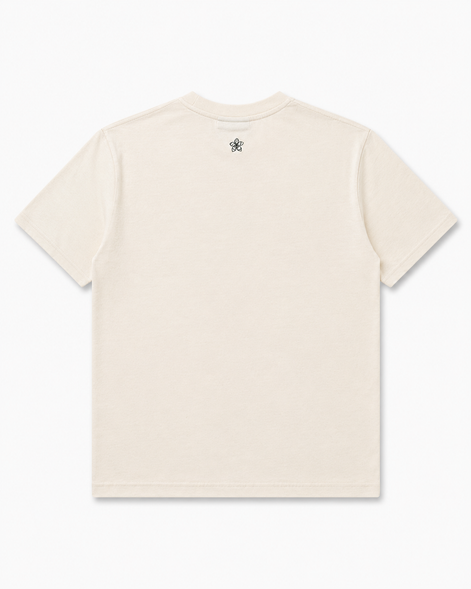 Cream t-shirt with a small Perismmon logo on the back neckline against a white background