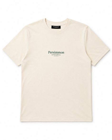Cream t-shirt with 'Persimmon Apparel' logo on a white background