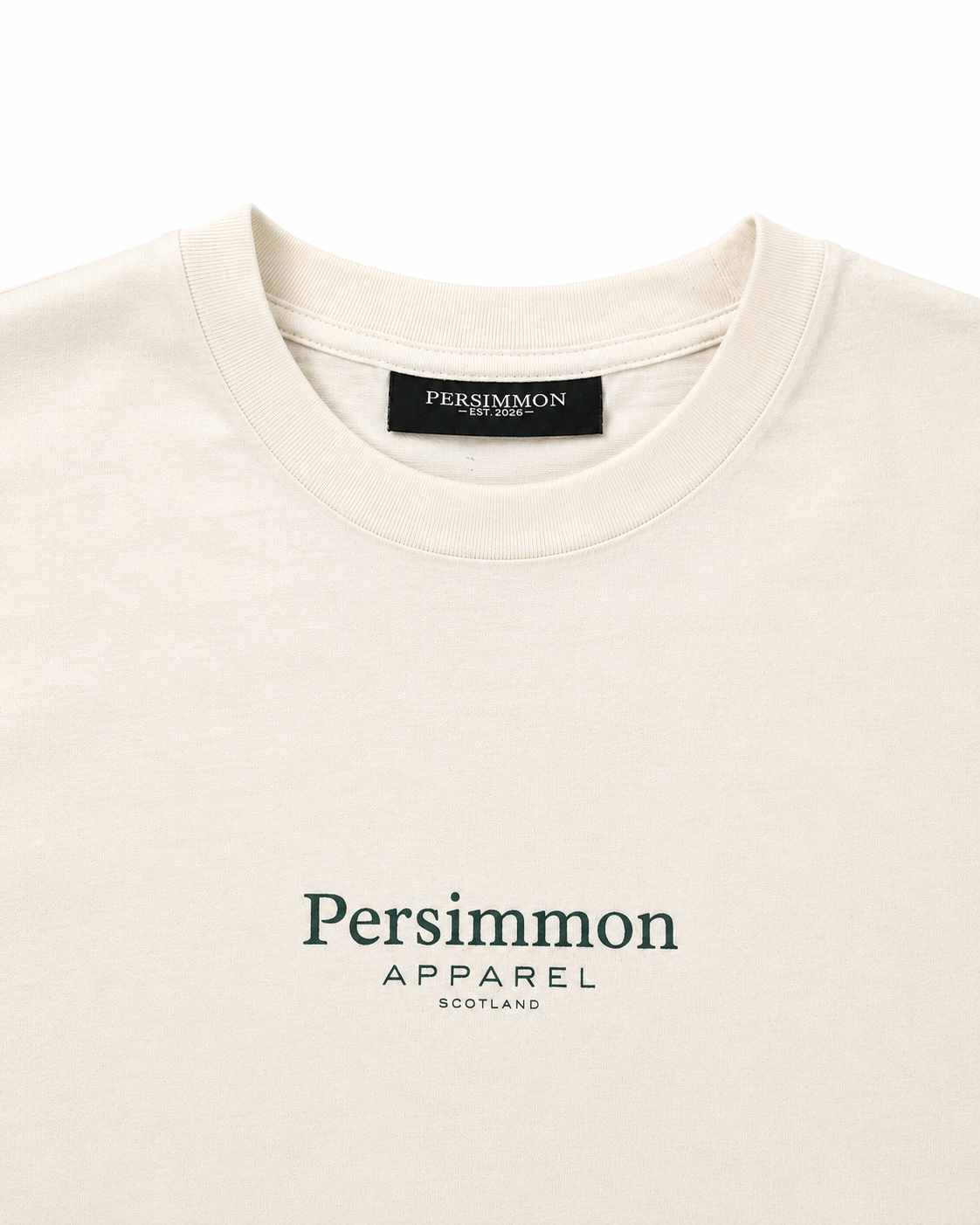 Cream t-shirt with 'Persimmon Apparel Scotland' branding on a white background
