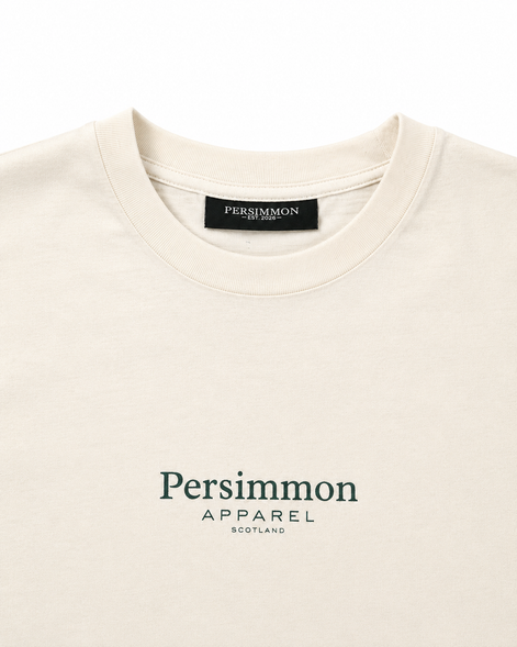 Cream t-shirt with 'Persimmon Apparel Scotland' branding on a white background