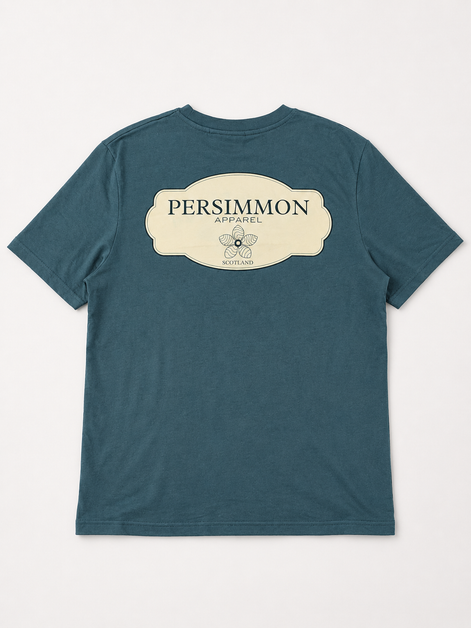 Green t-shirt with 'Persimmon Apparel' logo on a white background