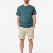 Man wearing a green  t-shirt and beige shorts on a white background