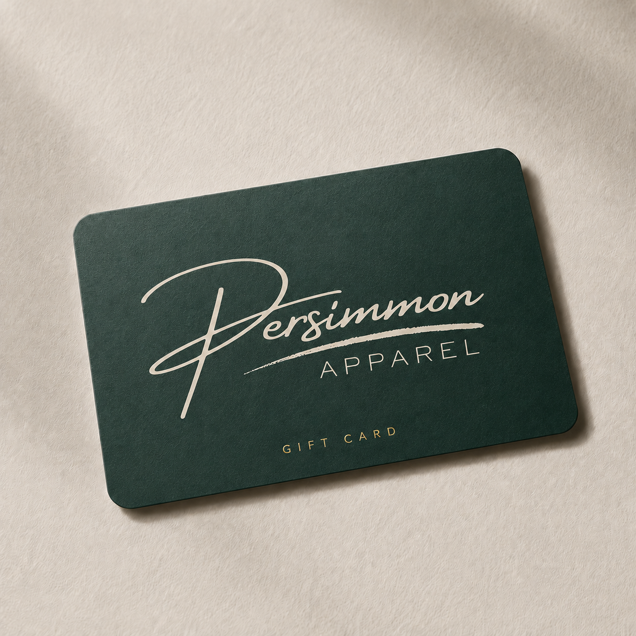Dark green bank card sized card with Persimmon Apparel logo