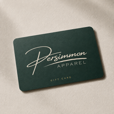 Dark green bank card sized card with Persimmon Apparel logo