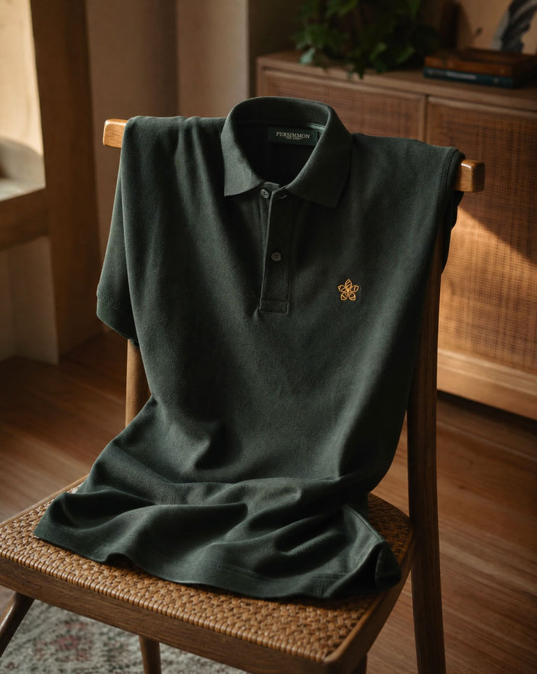 A dark forest green short-sleeve polo shirt with a small gold embroidered Persimmon logo on the chest, draped over a wooden chair in a warm, rustic room.