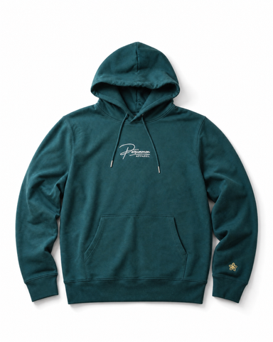 Green hoodie with a Persimmon logo on the chest against a white background