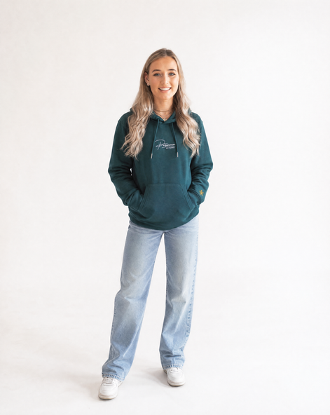 Female wearing a green hoodie with Persimmon logo on a white background