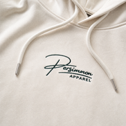 Cream hoodie with 'Persimmon Apparel' logo on a white background