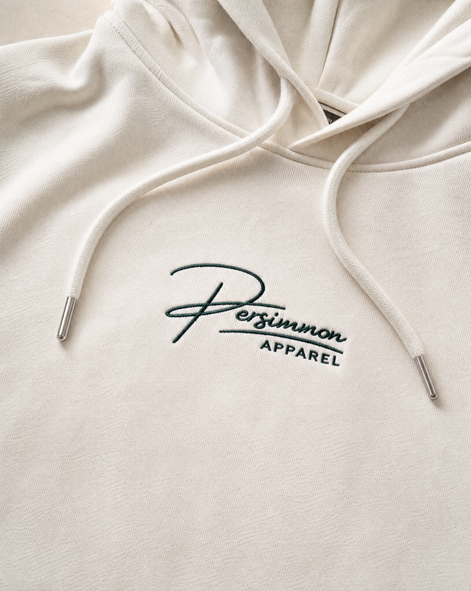 Cream hoodie with 'Persimmon Apparel' logo on a white background