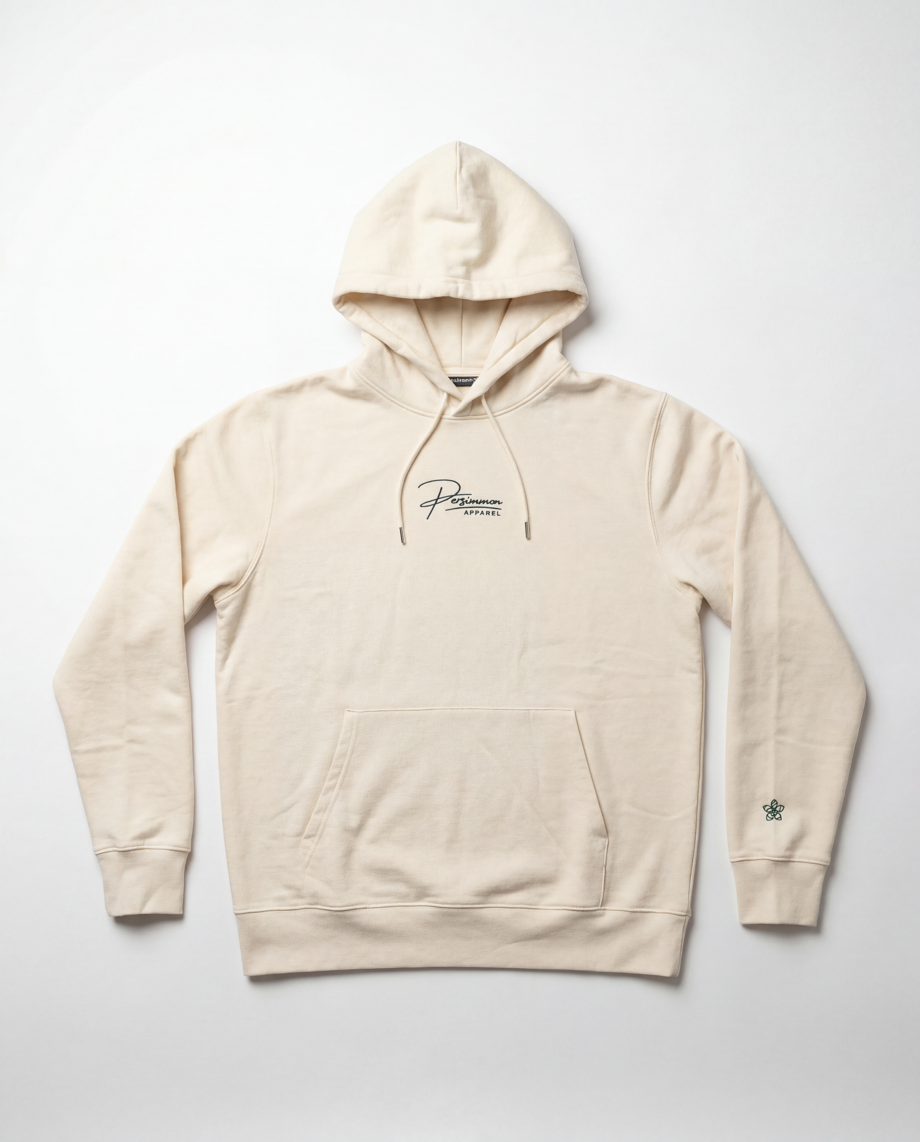 Cream hoodie with Persimmon brand logo on a white background.