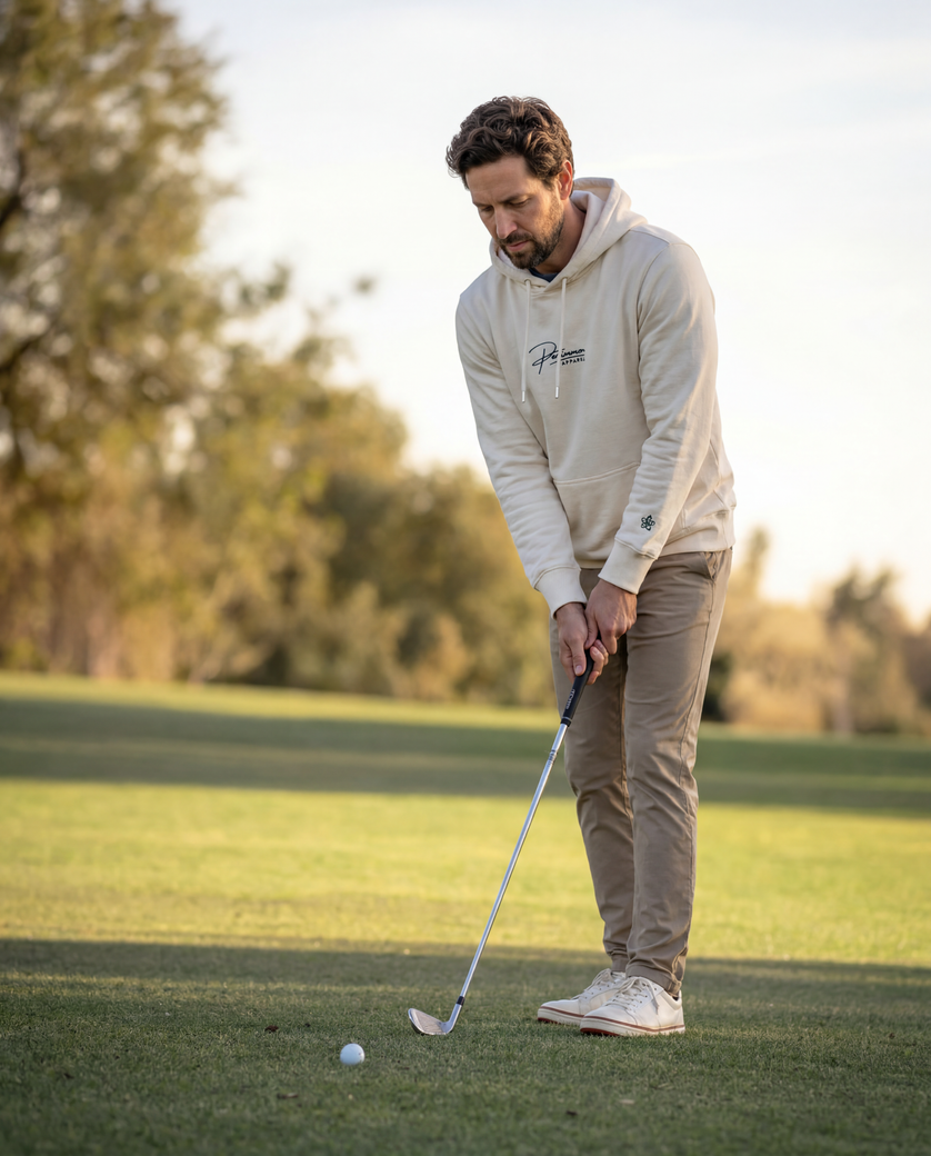 A man on a golf course wearing a cream hoodie with Persimmon branding on chest and emblem on sleeve, and khaki pants, preparing to hit a golf ball with a wedge.